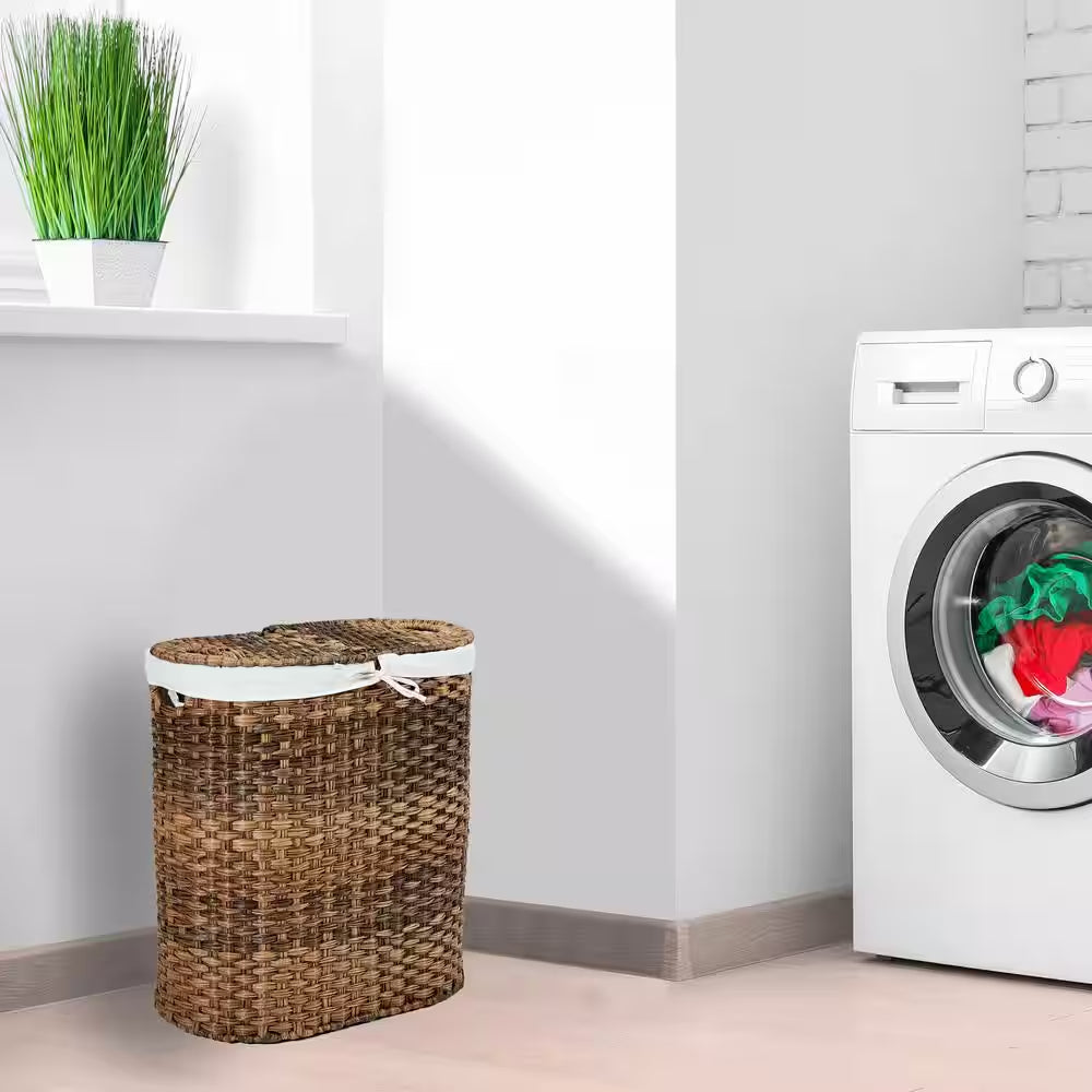 Mocha Hand-Woven Oval Double Laundry Hamper with Removable Liner