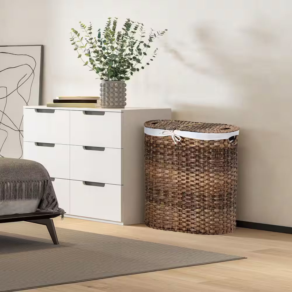 Mocha Hand-Woven Oval Double Laundry Hamper with Removable Liner
