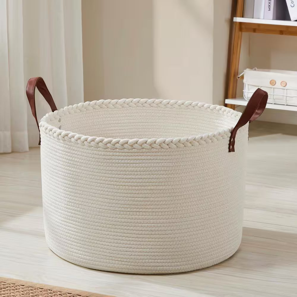 100% Cotton Fabric Rope round Storage Basket with Leather Handles 21 In. X 21 In. X 14 In.
