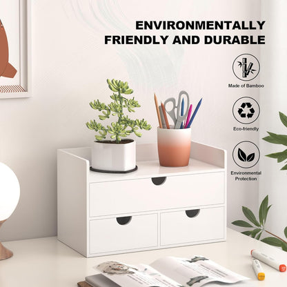 Bamboo Desk Organizer - Mini Bamboo Desk Drawer Tabletop Cosmetic Storage Organization for Office or Home White with Shelf