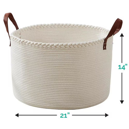 100% Cotton Fabric Rope round Storage Basket with Leather Handles 21 In. X 21 In. X 14 In.