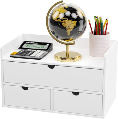 Bamboo Desk Organizer - Mini Bamboo Desk Drawer Tabletop Cosmetic Storage Organization for Office or Home White with Shelf