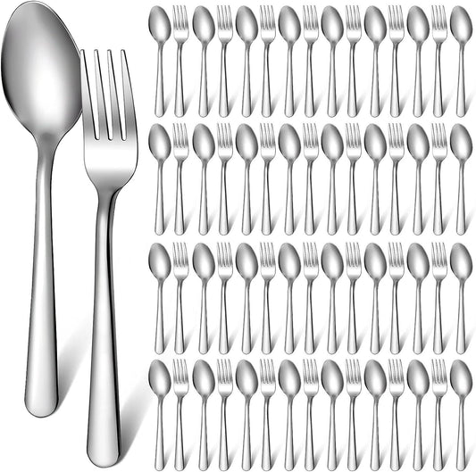 100 Pcs Forks and Spoons Silverware Set Bulk Stainless Steel Flatware Cutlery Fo