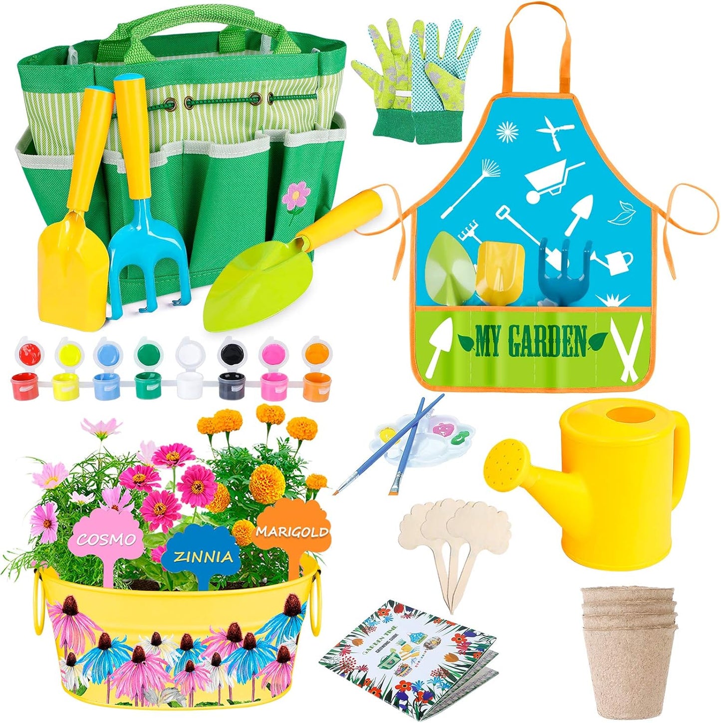 Kids Gardening Tools, Garden Tool Set for Kids with Gardening Guide Book, Watering Can, Gloves, Shovel, Rake, Trowel, Kids Smock and Hat, All in One Gardening Tote (Multicolored)
