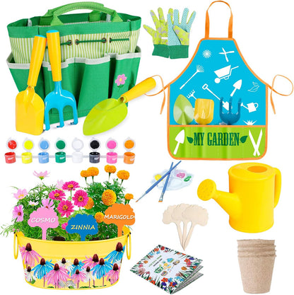Kids Gardening Tools, Garden Tool Set for Kids with Gardening Guide Book, Watering Can, Gloves, Shovel, Rake, Trowel, Kids Smock and Hat, All in One Gardening Tote (Multicolored)