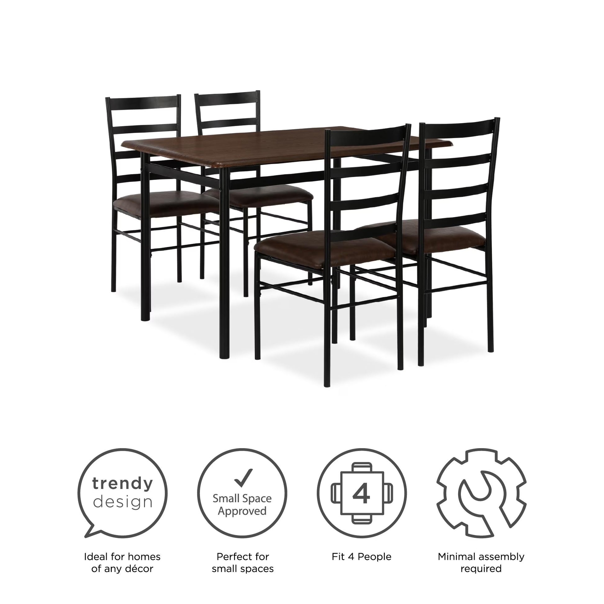 5-Piece Wood & Metal Dining Room Set, Seats 4, Canyon Walnut & Black