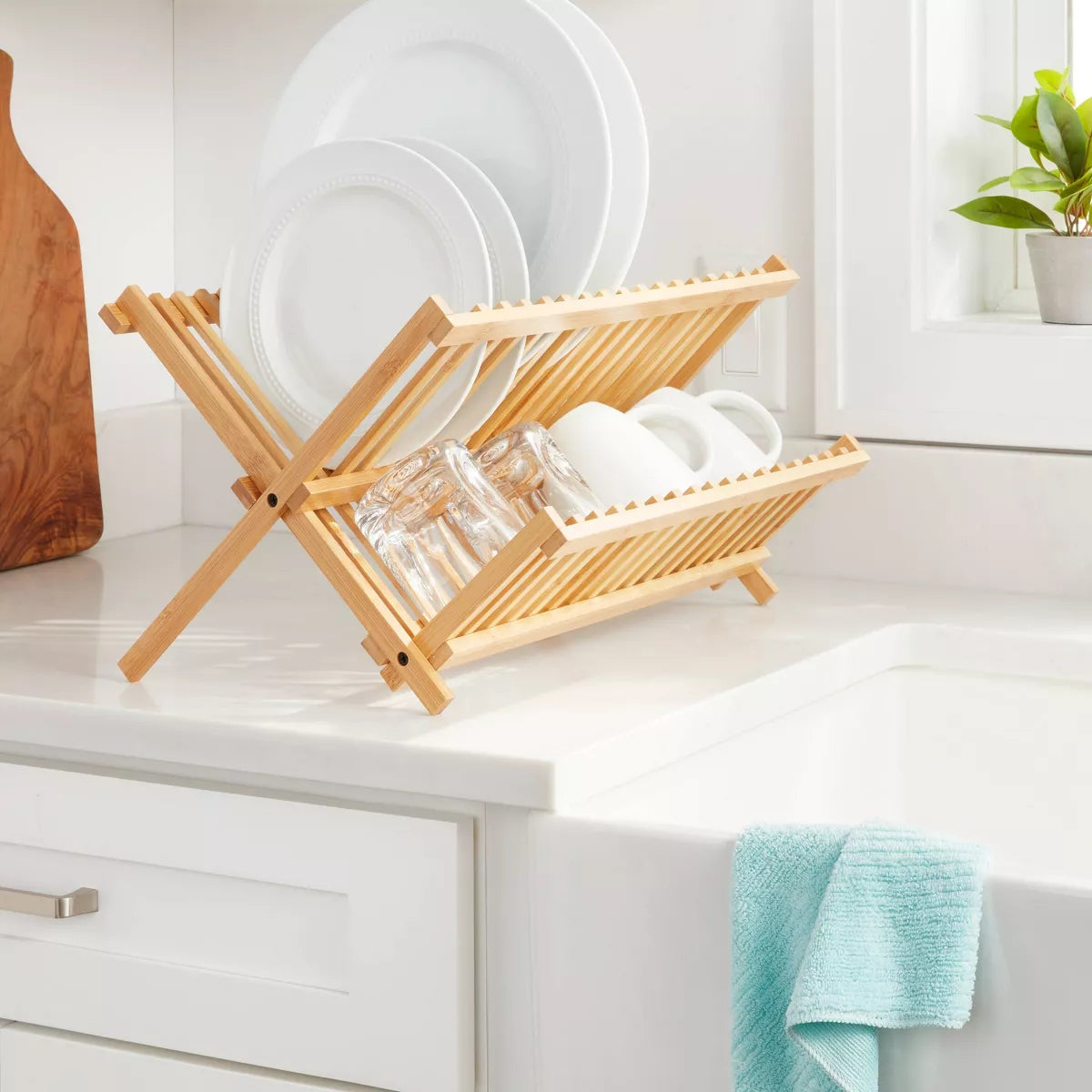 Bamboo Drying Rack Brown - Brightroom™: Freestanding Varnished Dish Drying Rack, Folds for Storage, 17.76" Depth
