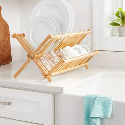 Bamboo Drying Rack Brown - Brightroom™: Freestanding Varnished Dish Drying Rack, Folds for Storage, 17.76" Depth