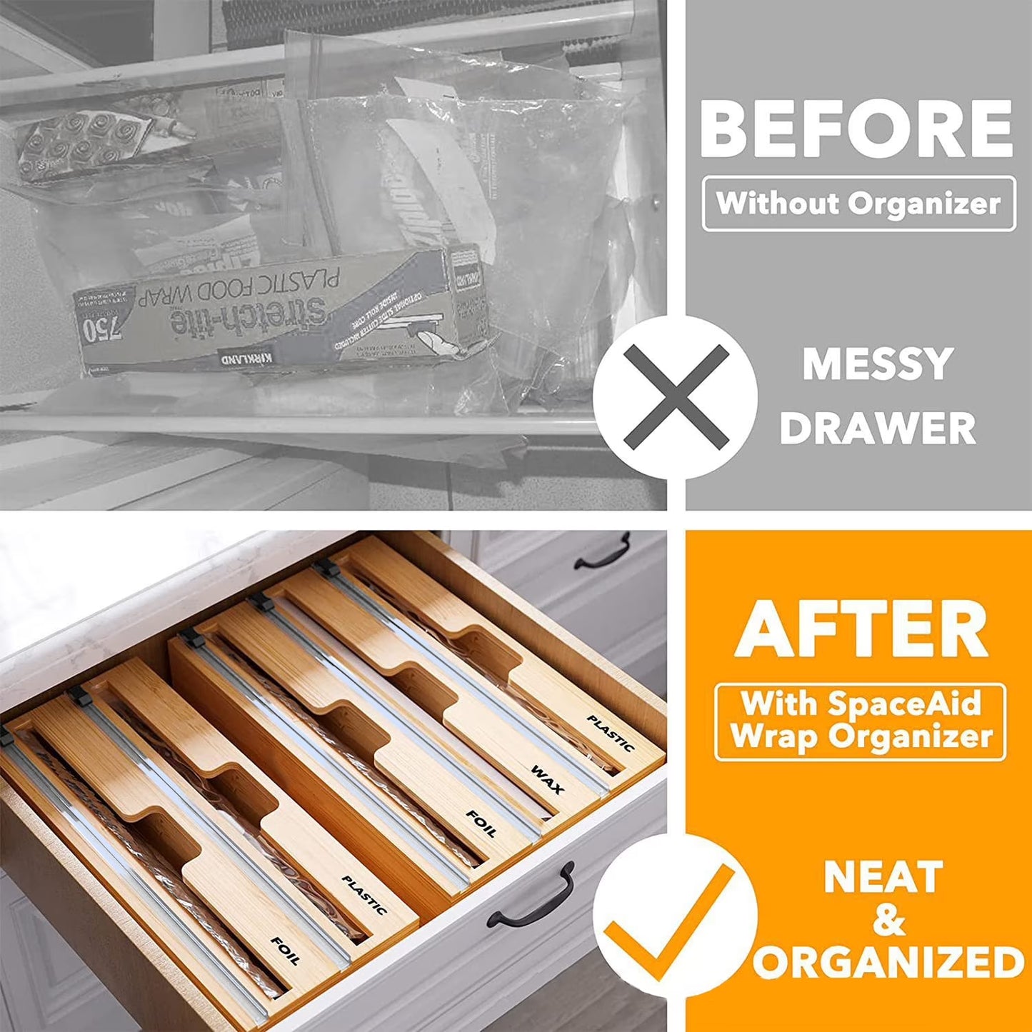 Plastic Wrap Dispenser with Cutter, 2 in 1 Bamboo Plastic Wrap Foil and Wax Paper Organizer and Dispenser for Kitchen Drawer, Wall Mount Holder (2 Slots)