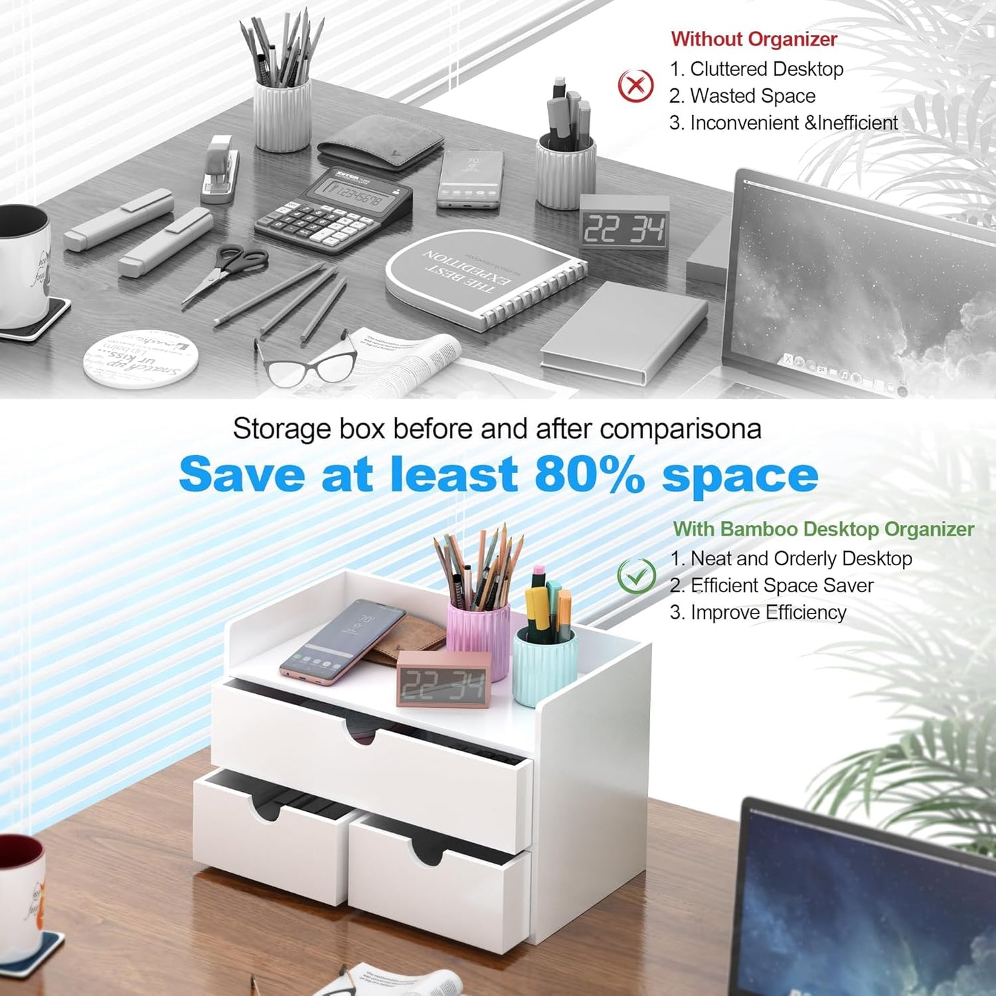 Bamboo Desk Organizer - Mini Bamboo Desk Drawer Tabletop Cosmetic Storage Organization for Office or Home White with Shelf