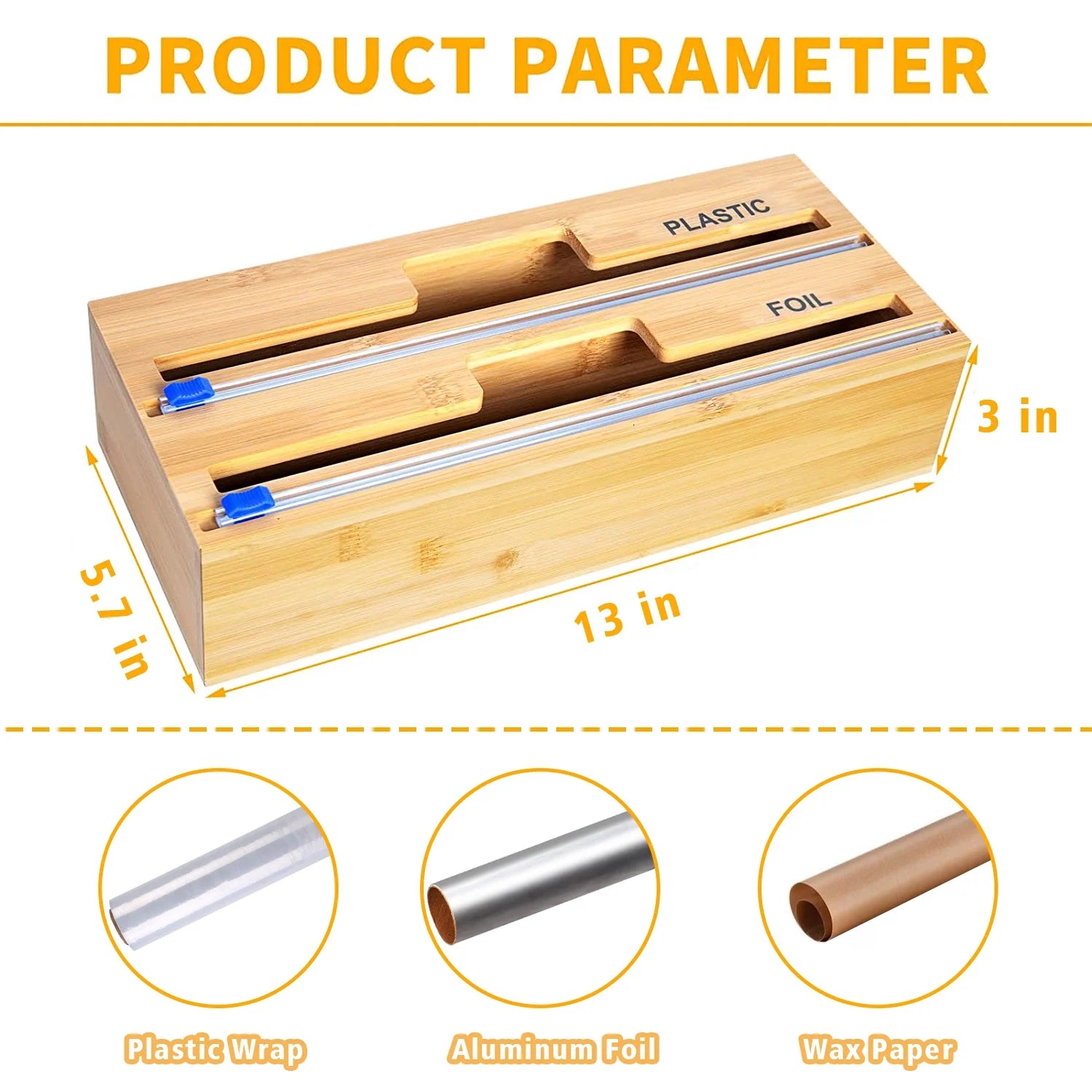 Plastic Wrap Dispenser with Cutter, 2 in 1 Bamboo Plastic Wrap Foil and Wax Paper Organizer and Dispenser for Kitchen Drawer, Wall Mount Holder (2 Slots)