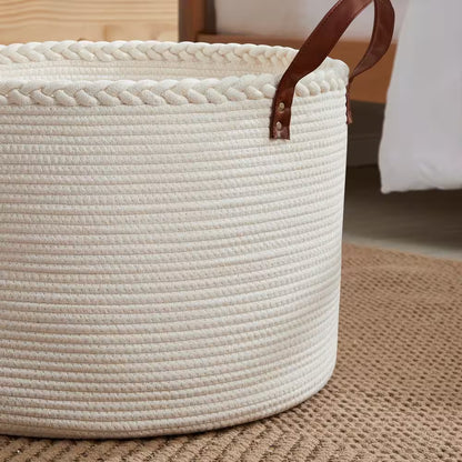 100% Cotton Fabric Rope round Storage Basket with Leather Handles 21 In. X 21 In. X 14 In.