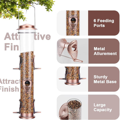 Metal Tube Bird Feeders for Outdoors - 6 Ports Hanging Feeder Attracts Wild Birds in Your Lawn, Garden, Balcony - Antique Copper - 1 Pack