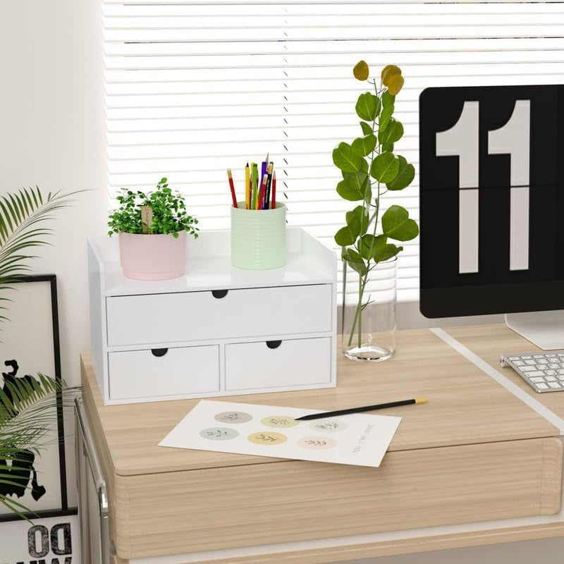 Bamboo Desk Organizer - Mini Bamboo Desk Drawer Tabletop Cosmetic Storage Organization for Office or Home White with Shelf