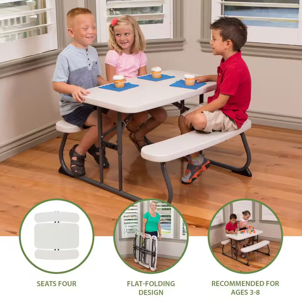 33 In. Almond Rectangle Steel Frame Resin Top Folding Children'S Picnic Table Seats 4
