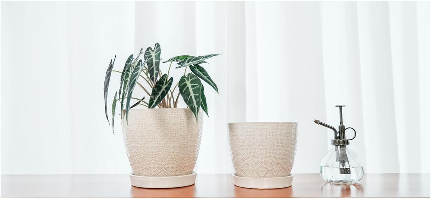 Ceramic Plant Pots Indoor, 6.6 + 5.5 Inch Planters with Drainage Holes and Saucer for Home/Office - Set of 2 /White