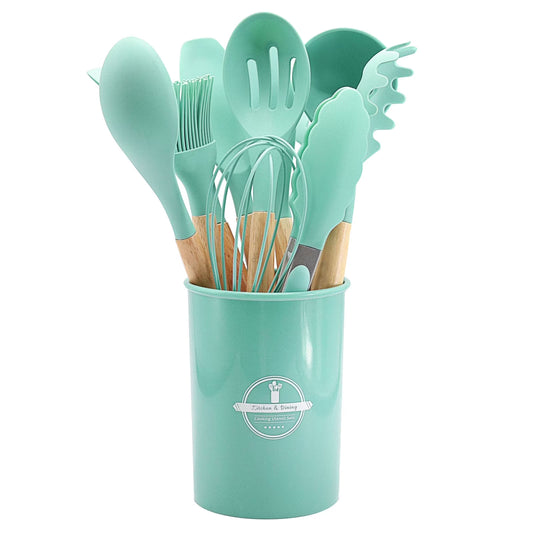 Silicone Kitchen Utensils Set - Heat Resistant Silicone Cooking Utensils for Cooking Wooden Handles, Spatula Set, Kitchen Utensil Tools and Gadgets Sets for Non-Stick Cookware