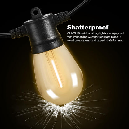 Outdoor String Lights, 48FT Patio Lights with 16 LED Shatterproof Bulbs for Outside, Backyard, Deck, Porch, Garden, Bistro, Cafe, Party