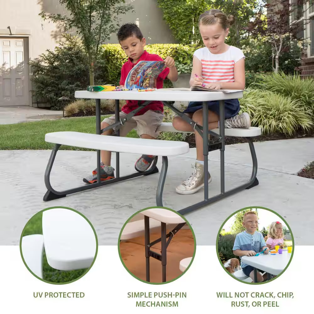 33 In. Almond Rectangle Steel Frame Resin Top Folding Children'S Picnic Table Seats 4