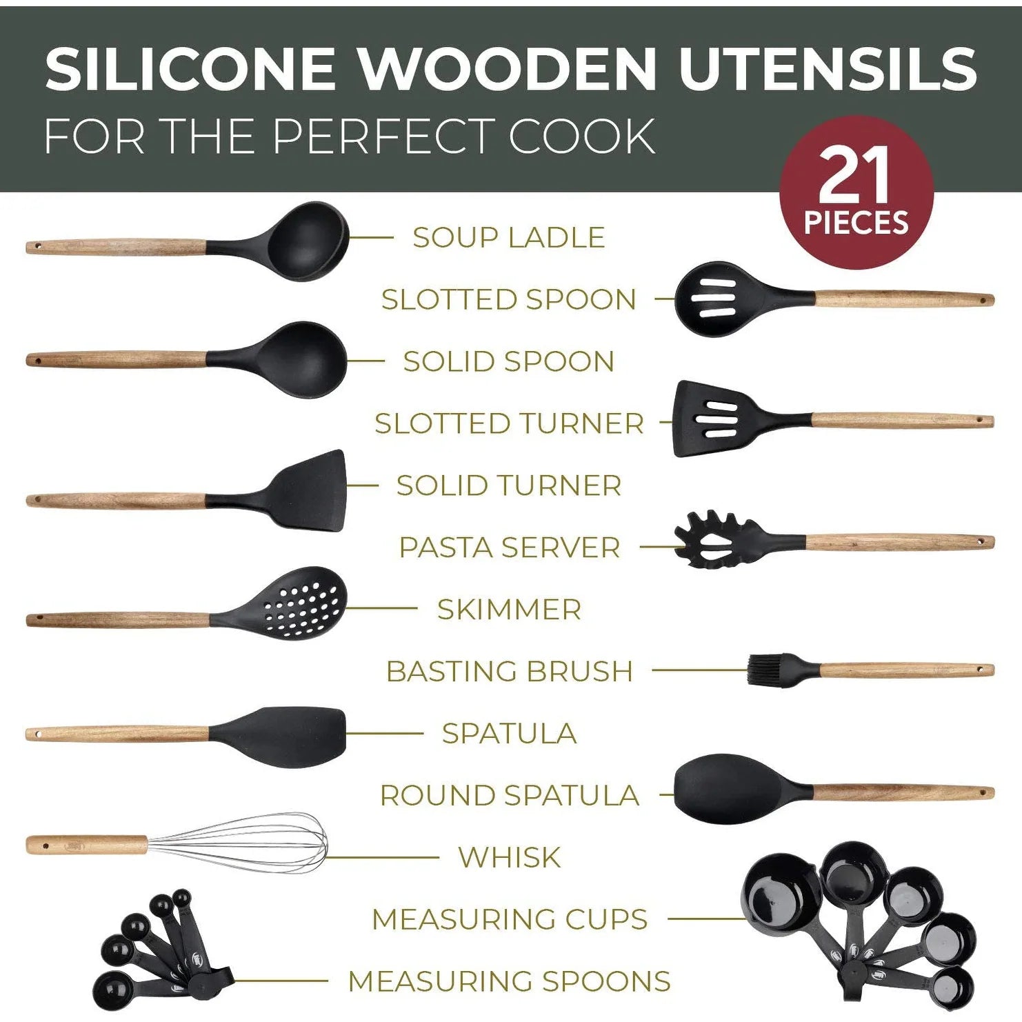 Kitchen Utensils Set, 21 Wood and Silicone Cooking Utensils