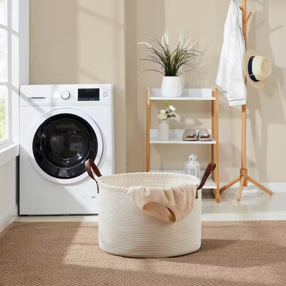 100% Cotton Fabric Rope round Storage Basket with Leather Handles 21 In. X 21 In. X 14 In.