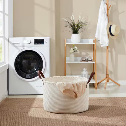 100% Cotton Fabric Rope round Storage Basket with Leather Handles 21 In. X 21 In. X 14 In.