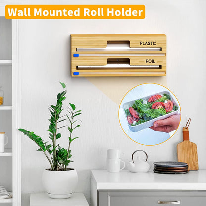 Plastic Wrap Dispenser with Cutter, 2 in 1 Bamboo Plastic Wrap Foil and Wax Paper Organizer and Dispenser for Kitchen Drawer, Wall Mount Holder (2 Slots)