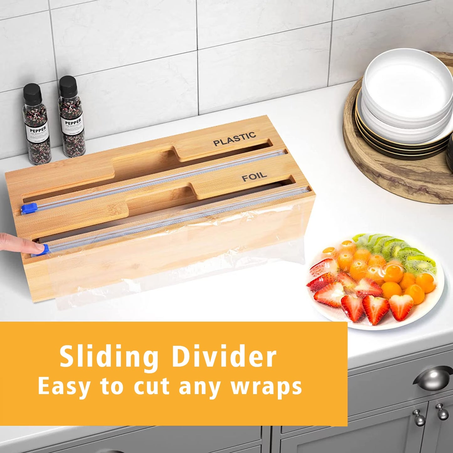 Plastic Wrap Dispenser with Cutter, 2 in 1 Bamboo Plastic Wrap Foil and Wax Paper Organizer and Dispenser for Kitchen Drawer, Wall Mount Holder (2 Slots)