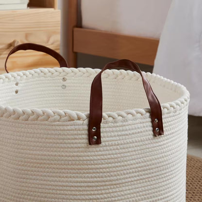 100% Cotton Fabric Rope round Storage Basket with Leather Handles 21 In. X 21 In. X 14 In.