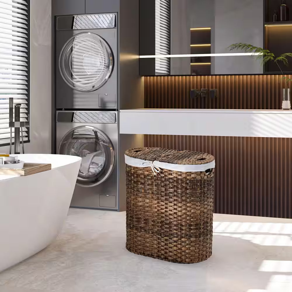 Mocha Hand-Woven Oval Double Laundry Hamper with Removable Liner