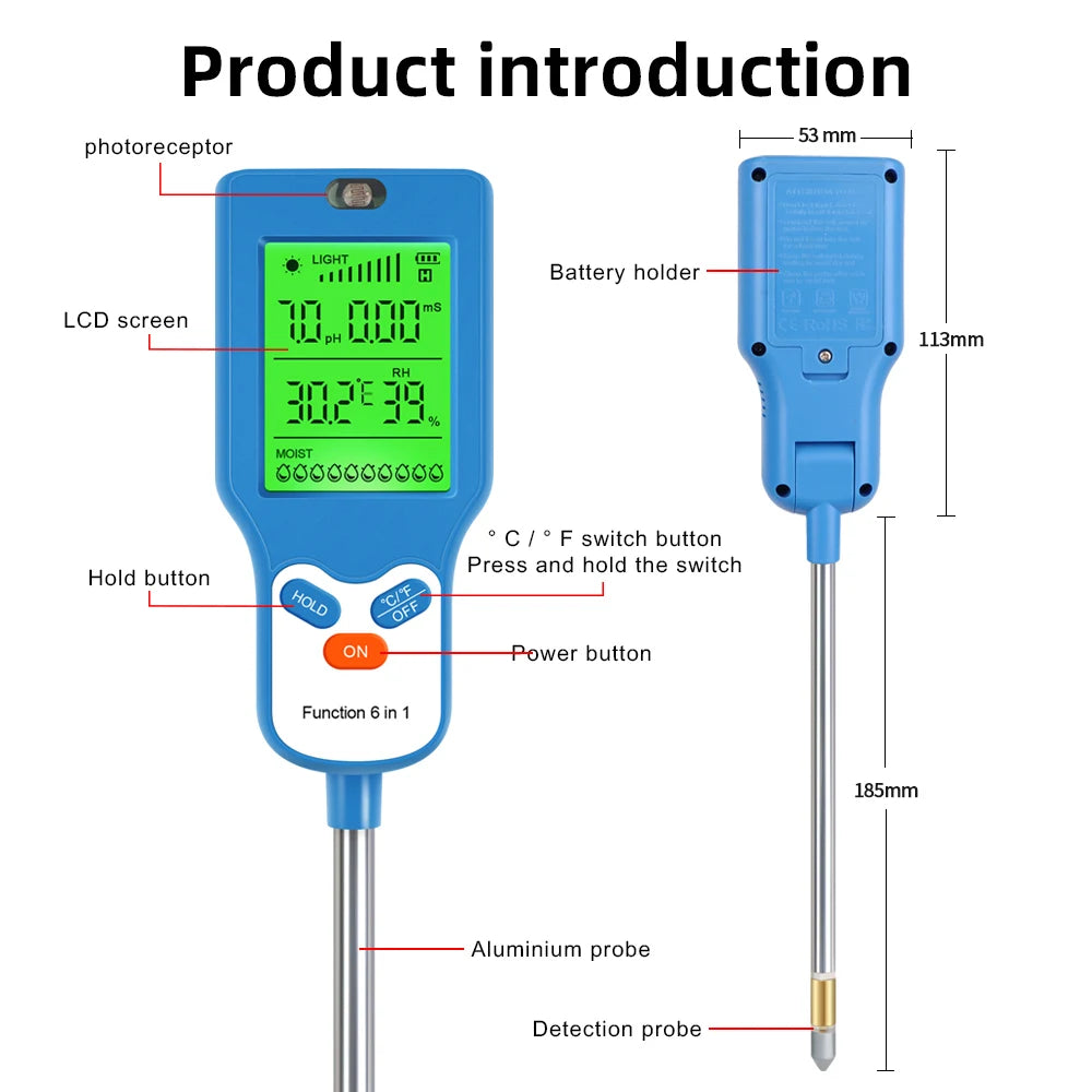 6 in 1 Soil Meter Rotate 90° Soil PH Detector LCD Fertility Ph Temp Moisture Light Humidity Test Plant Garden Farm Soil Analyser