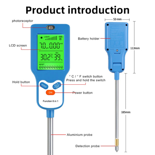 6 in 1 Soil Meter Rotate 90° Soil PH Detector LCD Fertility Ph Temp Moisture Light Humidity Test Plant Garden Farm Soil Analyser