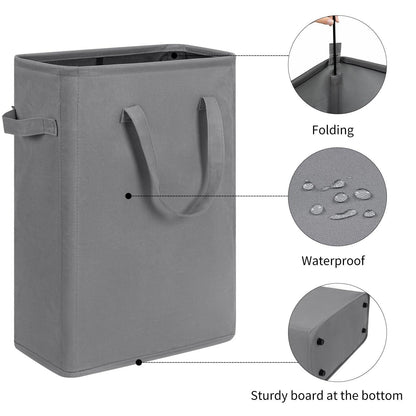 Slim Laundry Hamper with Handles Collapsible Laundry Basket Thin Dirty Clothes Basket Narrow Laundry Bag Foldable Dirty Cloth Hamper 45L (21 Inchesgrey)