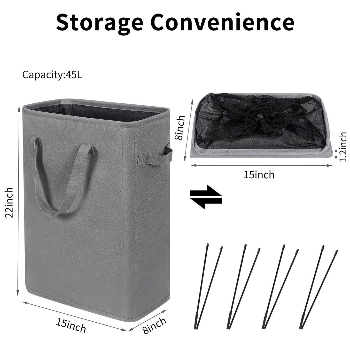Slim Laundry Hamper with Handles Collapsible Laundry Basket Thin Dirty Clothes Basket Narrow Laundry Bag Foldable Dirty Cloth Hamper 45L (21 Inchesgrey)