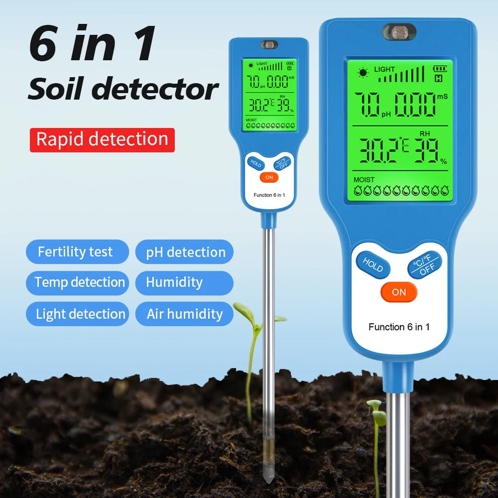 6 in 1 Soil Meter Rotate 90° Soil PH Detector LCD Fertility Ph Temp Moisture Light Humidity Test Plant Garden Farm Soil Analyser