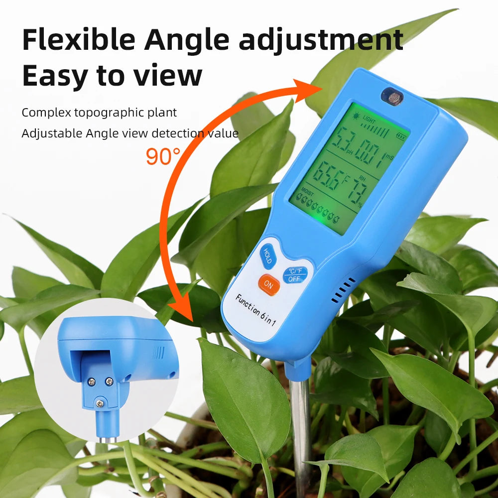 6 in 1 Soil Meter Rotate 90° Soil PH Detector LCD Fertility Ph Temp Moisture Light Humidity Test Plant Garden Farm Soil Analyser