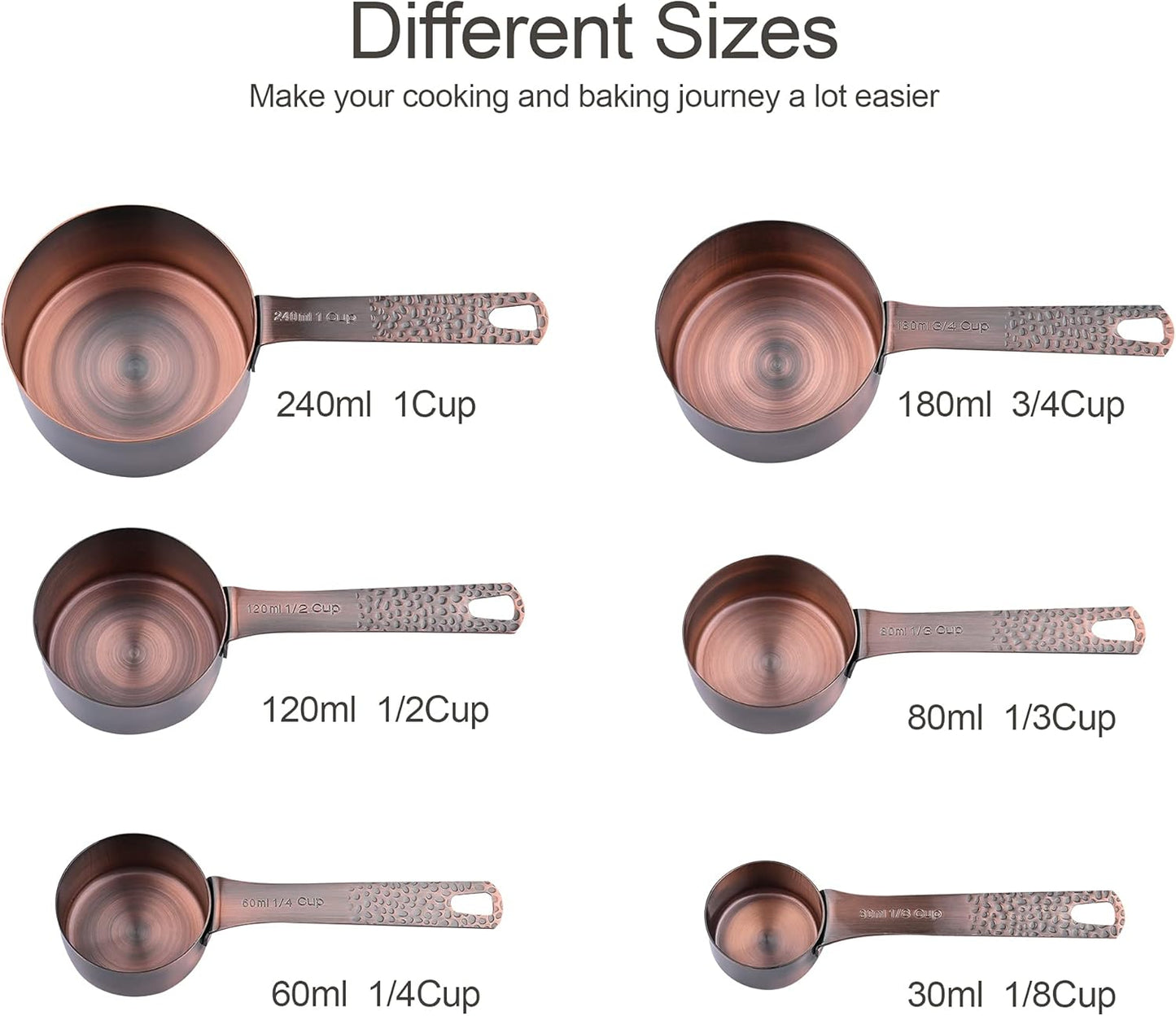 Copper Plated Measuring Cups Set 6, Stainless Steel Measuring Cups Set for Kitchen & Baking, Metal Metric & US Measure Cups for Dry & Liquid