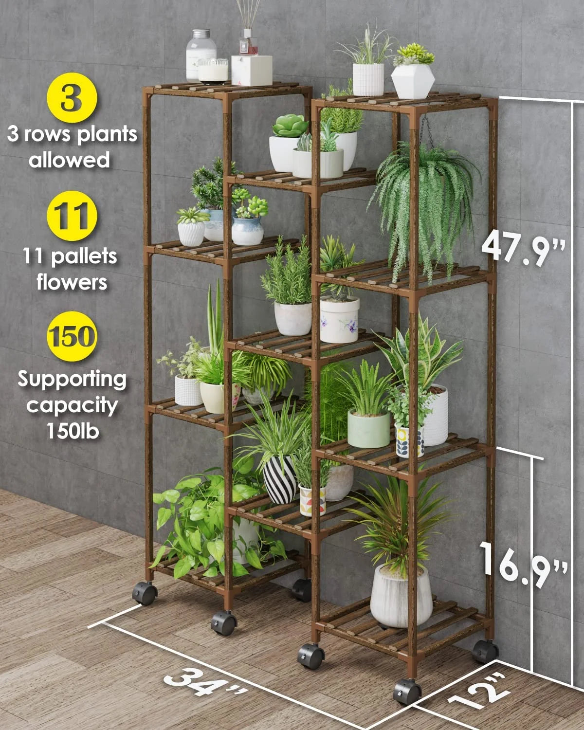 Plant Stand with Wheels Indoor Outdoor Plant Shelves Indoor Plant Holder for Living Room Outdoor Plant Rack Indoor Multiple Plants Patio Balcony Garden