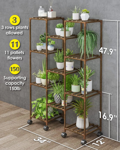 Plant Stand with Wheels Indoor Outdoor Plant Shelves Indoor Plant Holder for Living Room Outdoor Plant Rack Indoor Multiple Plants Patio Balcony Garden