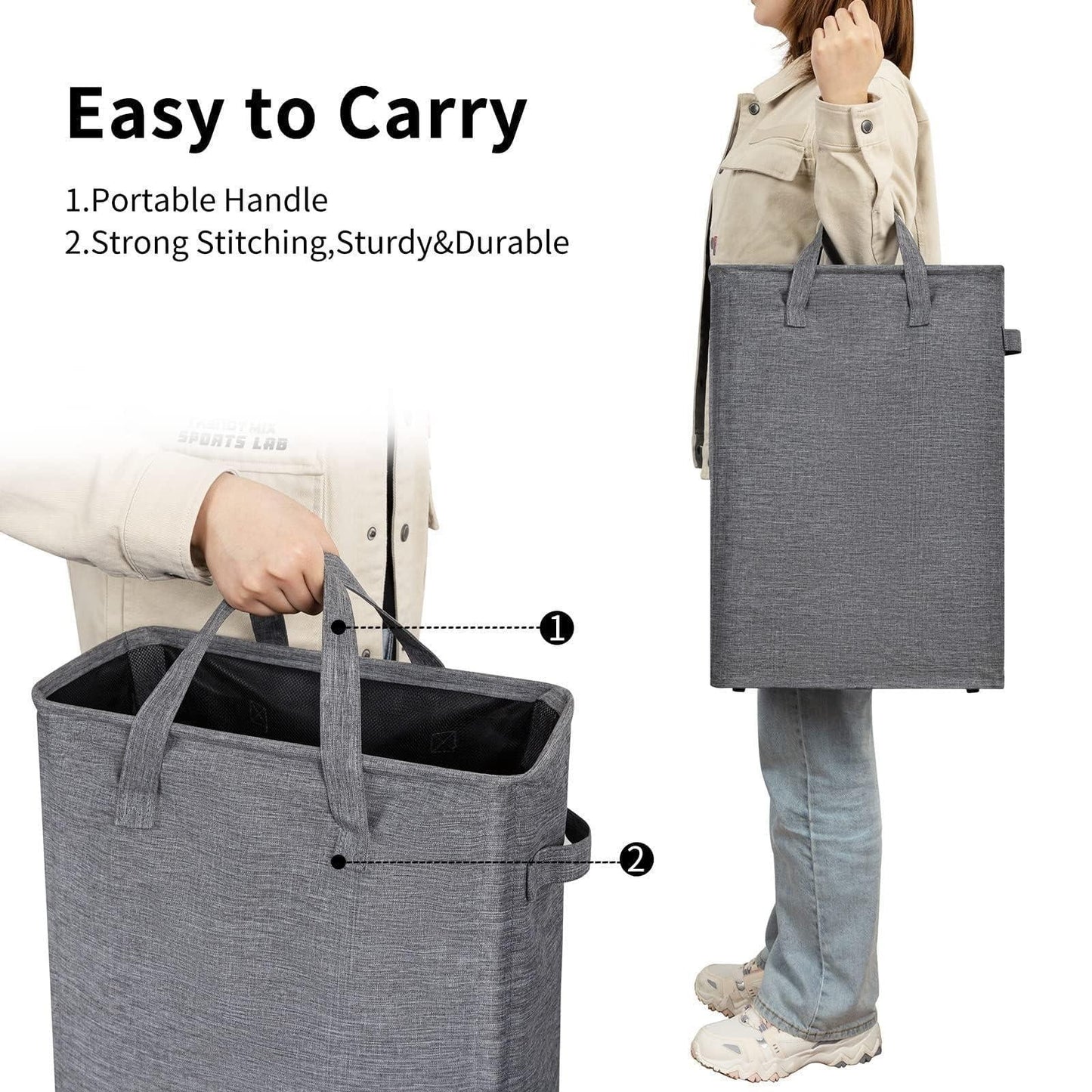 Slim Laundry Hamper with Handles Collapsible Laundry Basket Thin Dirty Clothes Basket Narrow Laundry Bag Foldable Dirty Cloth Hamper 45L (21 Inchesdark Grey)