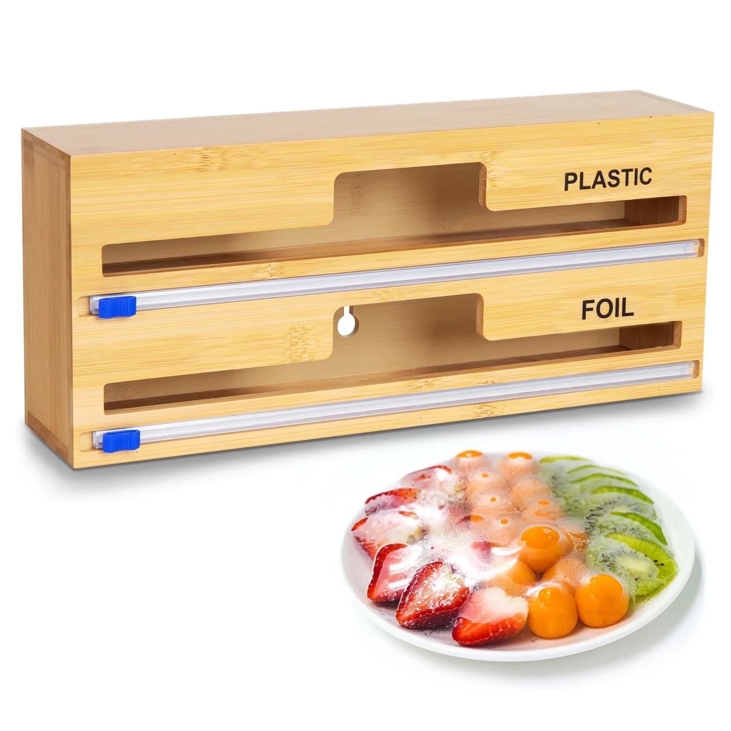 Plastic Wrap Dispenser with Cutter, 2 in 1 Bamboo Plastic Wrap Foil and Wax Paper Organizer and Dispenser for Kitchen Drawer, Wall Mount Holder (2 Slots)