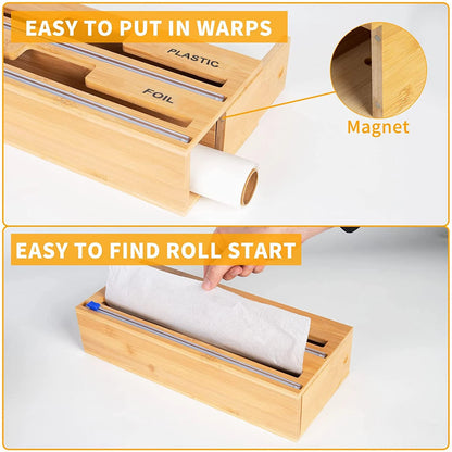 Plastic Wrap Dispenser with Cutter, 2 in 1 Bamboo Plastic Wrap Foil and Wax Paper Organizer and Dispenser for Kitchen Drawer, Wall Mount Holder (2 Slots)