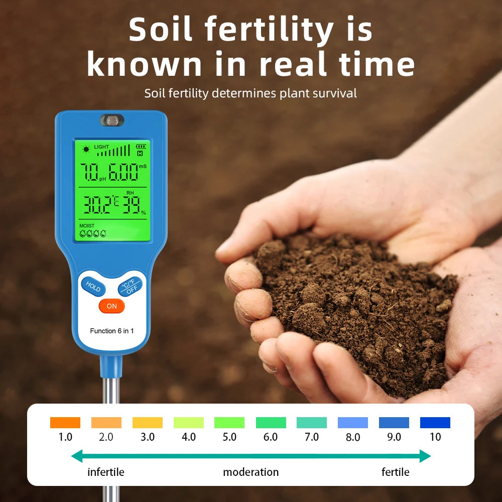 6 in 1 Soil Meter Rotate 90° Soil PH Detector LCD Fertility Ph Temp Moisture Light Humidity Test Plant Garden Farm Soil Analyser