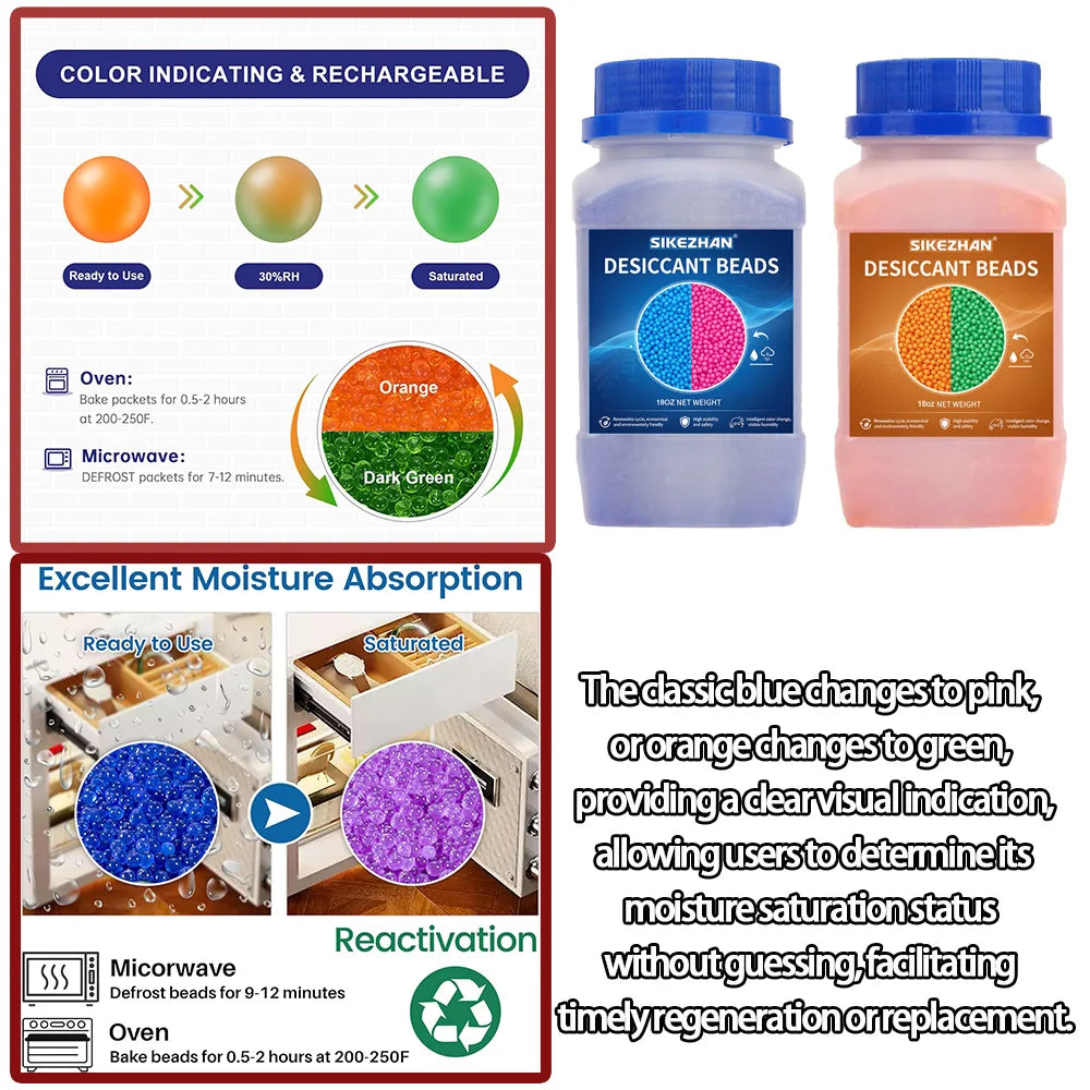 9OZ/18OZ Reusable Silica Gel Waterproof Beads Moisture Absorber Electronic Product Desiccant Moisture Absorber Dehumidifie