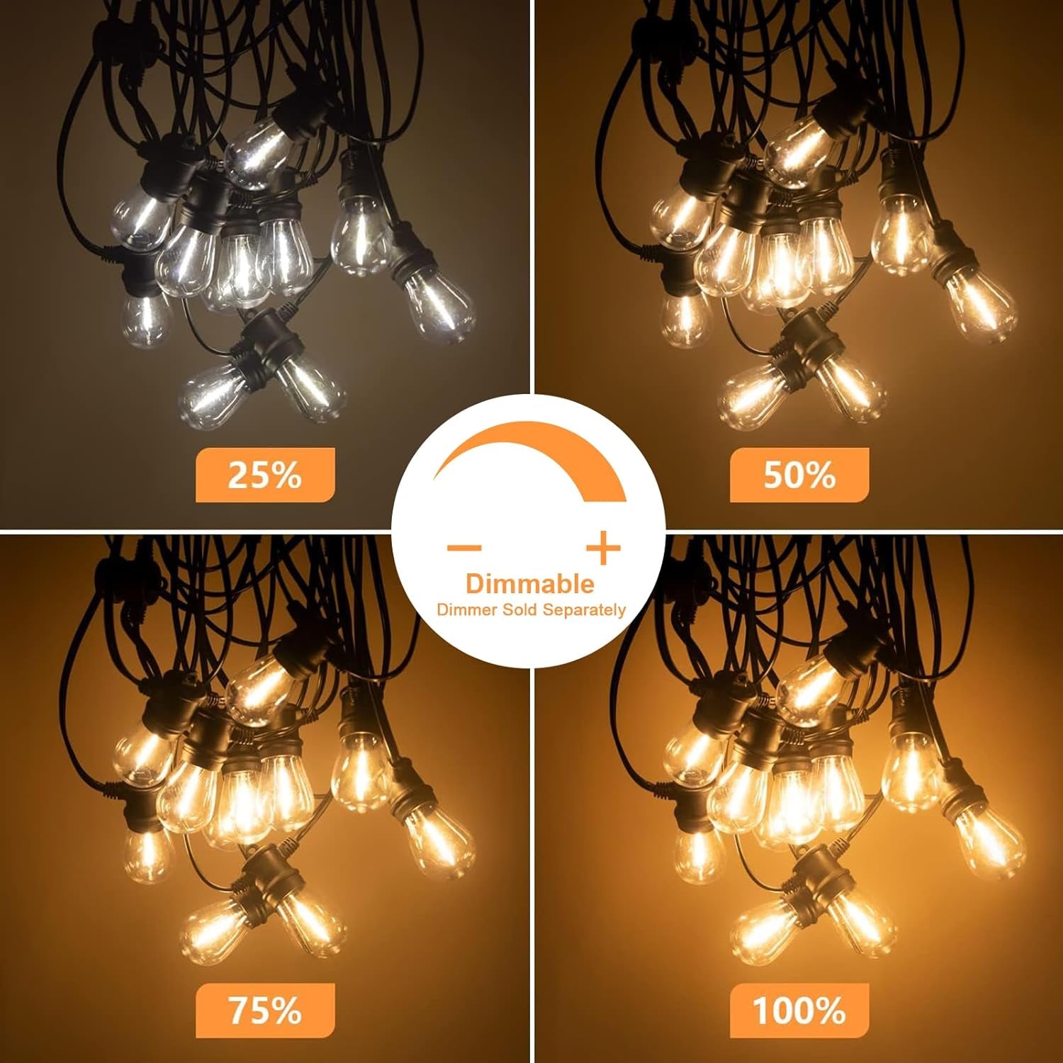 Outdoor String Lights, 48FT Patio Lights with 16 LED Shatterproof Bulbs for Outside, Backyard, Deck, Porch, Garden, Bistro, Cafe, Party