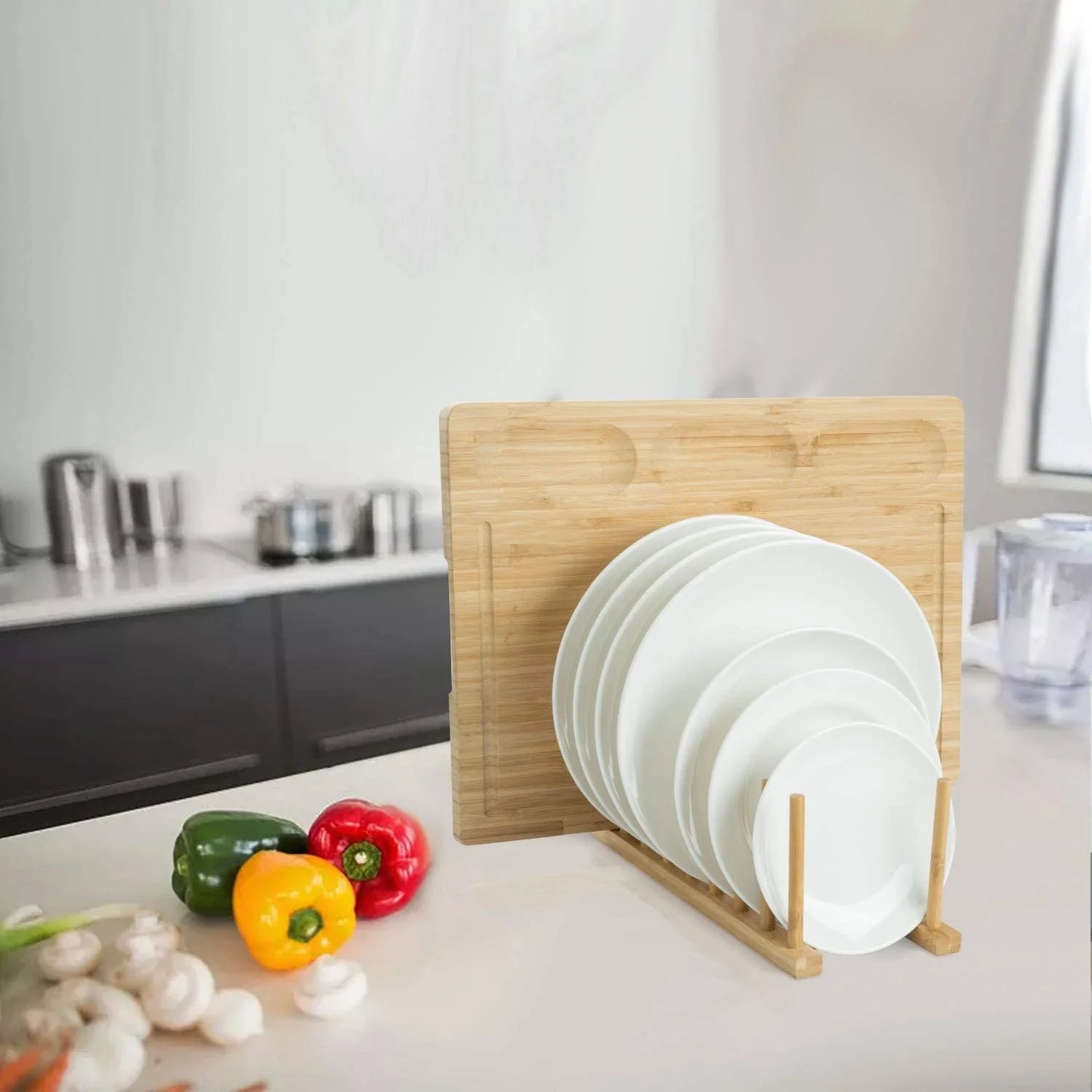 Premium Bamboo Dish Drying Rack - Dish Rack Kitchen Plate Holder-Wooden Dish Rack Plates Holder Compact Kitchen Storage Cabinet Organizer for Dish/Plate/Bowl/Cup/Pot Lid/Cutting Board(Wood)