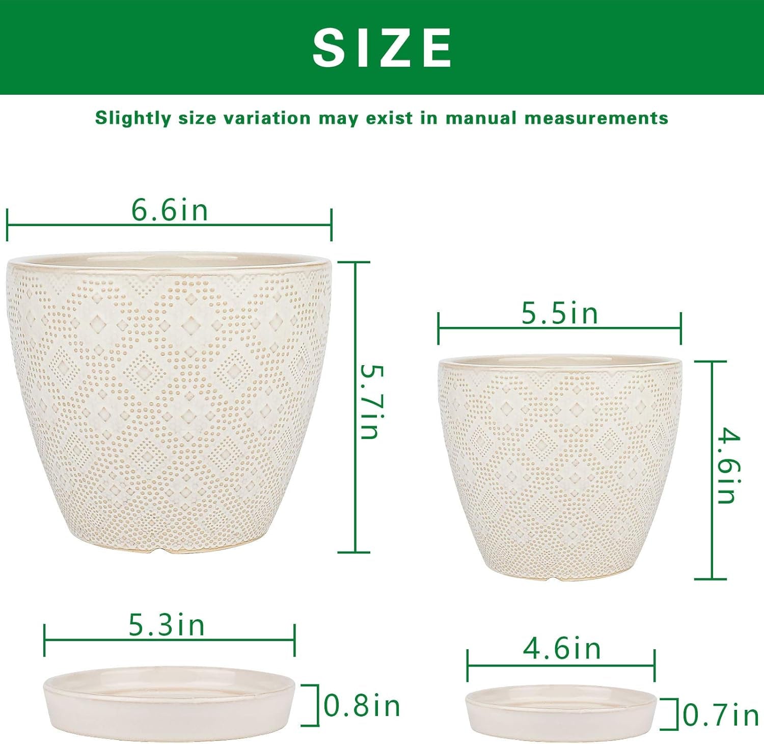Ceramic Plant Pots Indoor, 6.6 + 5.5 Inch Planters with Drainage Holes and Saucer for Home/Office - Set of 2 /White