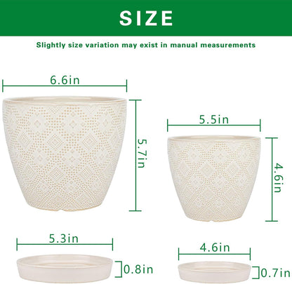 Ceramic Plant Pots Indoor, 6.6 + 5.5 Inch Planters with Drainage Holes and Saucer for Home/Office - Set of 2 /White