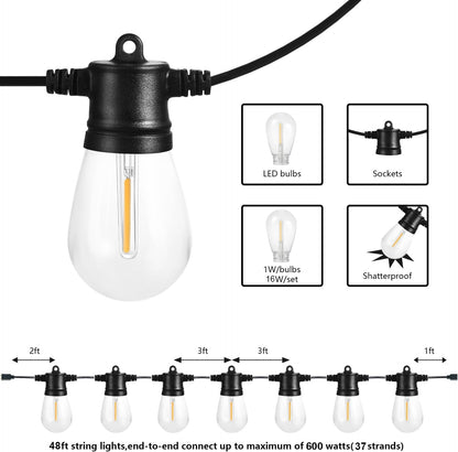 Outdoor String Lights, 48FT Patio Lights with 16 LED Shatterproof Bulbs for Outside, Backyard, Deck, Porch, Garden, Bistro, Cafe, Party