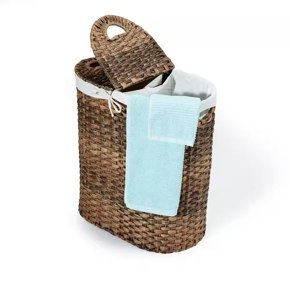 Mocha Hand-Woven Oval Double Laundry Hamper with Removable Liner